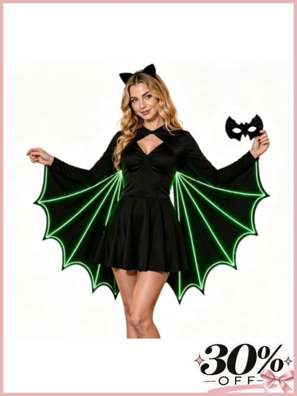 Women Glow in the Dark Bat Wings Costume Cape Headband Eye Mask